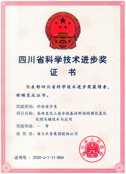 四川省科学技术进步奖-项目名称高难度化工废水铁基材料协同催化氧化处理关键技术与应用一等获奖者Z6尊龙凯时